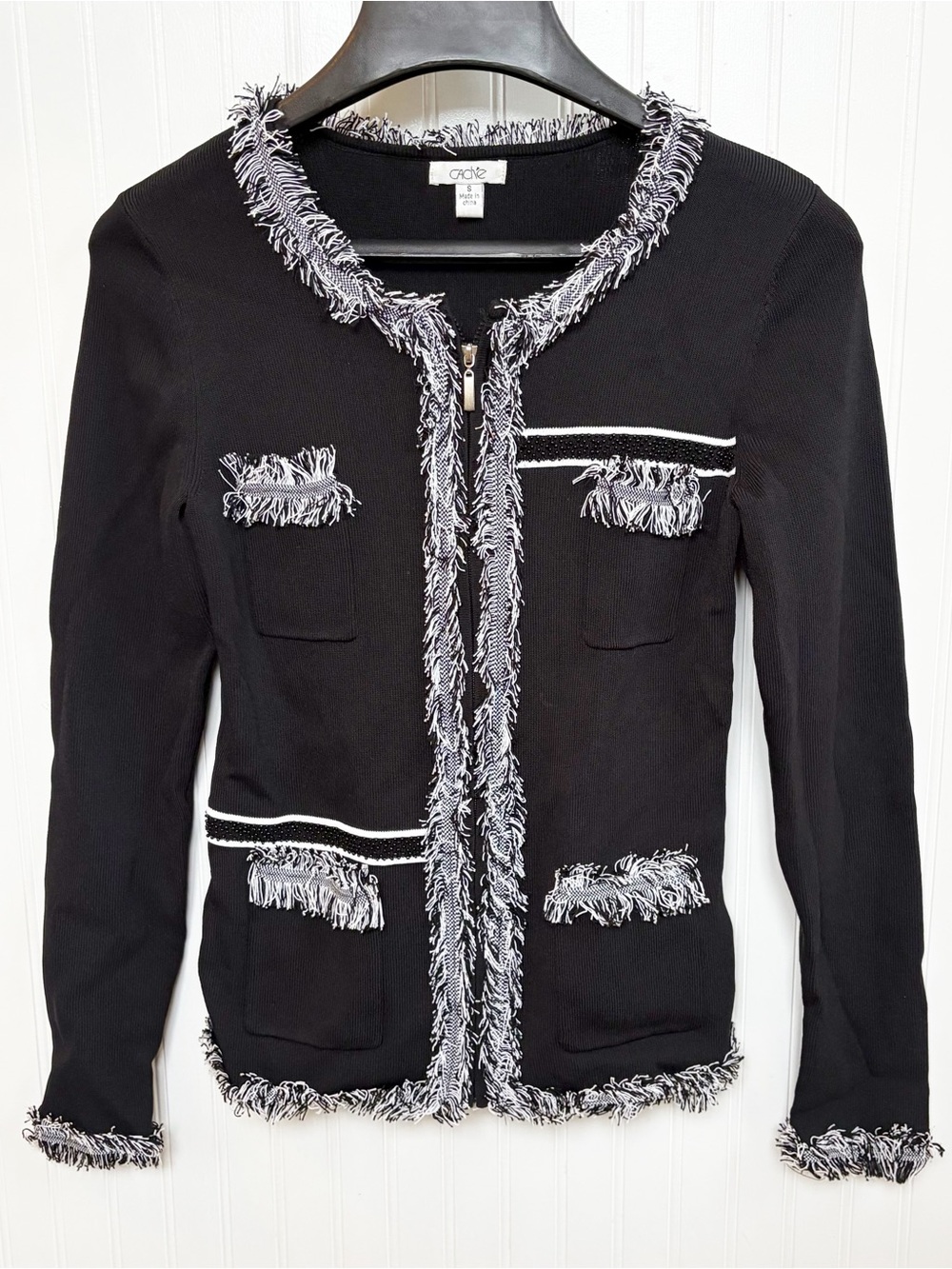 Cache Black Fringe Trim Zip Front Knit Blazer Jacket Women’s Small Career Chic